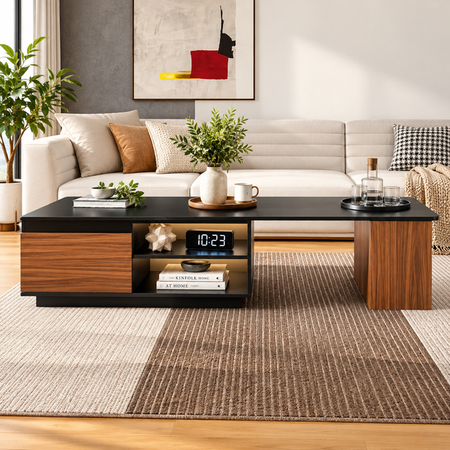 Extendable Coffee Table, Length Adjustable Wood Coffee Table With 2 Storage Drawers For Living Room, Large Long Rectangular Center Table
