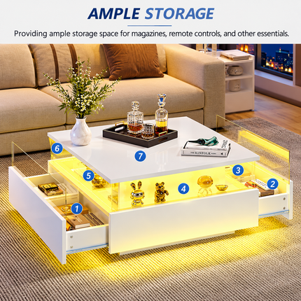 Coffee Table With Storage For Living Room, Modern LED Coffee Table, Square Tea Table With 2 Sliding Drawers Wood Center Table Acrylic Glass Coffee Table