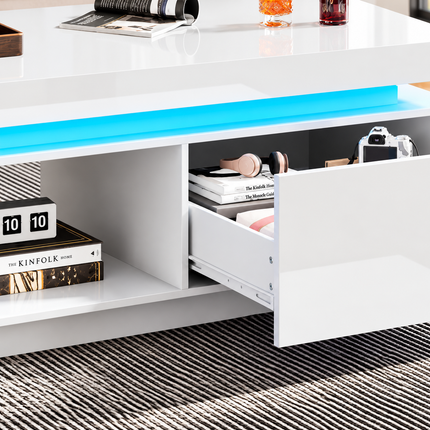 High Glossy LED Coffee Table With Drawer Storage, Wooden Centre Table With RGB Led Lights Rectangle Tea Table For Living Room Furniture, White Coffee Table With Open Display Shelf