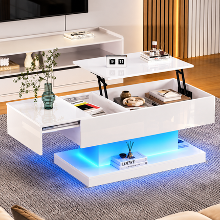 High Gloss Lift Up Top Coffee Table With Storage, Extendable Desktop Dinning Table 100 X 50 X 45 Cm, Height Adjustable Tabletop, Retractable Desk