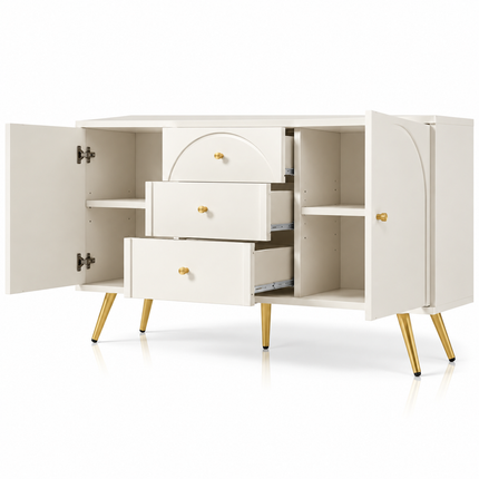 Sideboard Cabinet For Living Room, Chest Of Drawers With 2 Doors And 3 Drawers, Adjustable Shelf, Cream White, 40D X 140W X 84H CM