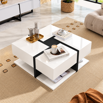Coffee Table, Table With 4 Drawers, Unique Color Matching And Line Design, Storage Space At The Bottom. 78x78x36cm