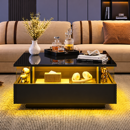 Coffee Table With Storage For Living Room, Modern LED Coffee Table, Square Tea Table With 2 Sliding Drawers Wood Center Table Acrylic Glass Coffee Table