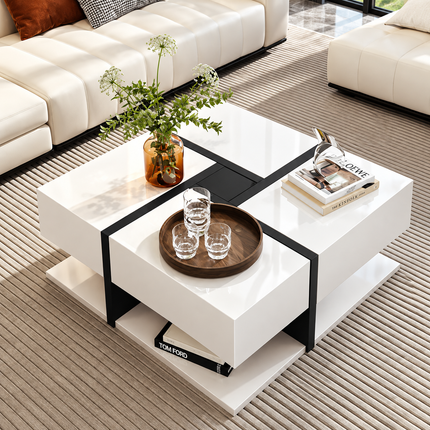Coffee Table, Table With 4 Drawers, Unique Color Matching And Line Design, Storage Space At The Bottom. 78x78x36cm