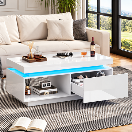 High Glossy LED Coffee Table With Drawer Storage, Wooden Centre Table With RGB Led Lights Rectangle Tea Table For Living Room Furniture, White Coffee Table With Open Display Shelf