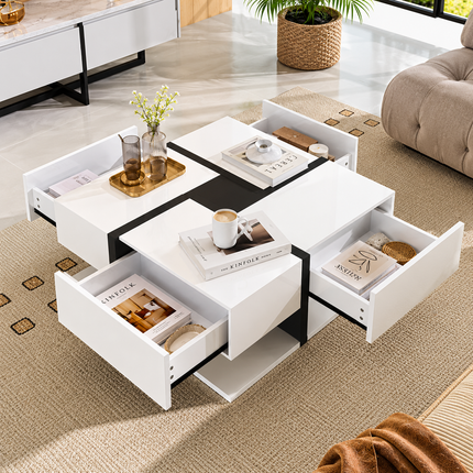 Coffee Table, Table With 4 Drawers, Unique Color Matching And Line Design, Storage Space At The Bottom. 78x78x36cm