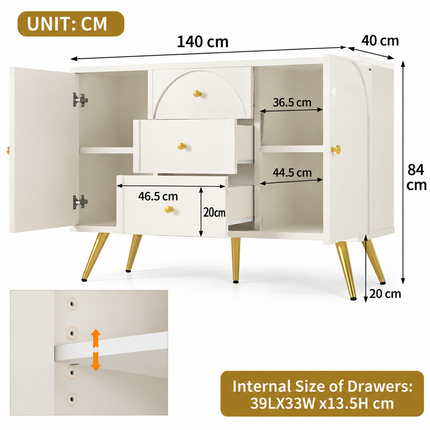 Sideboard Cabinet For Living Room, Chest Of Drawers With 2 Doors And 3 Drawers, Adjustable Shelf, Cream White, 40D X 140W X 84H CM