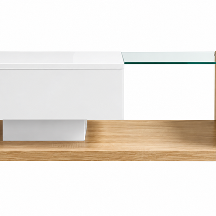 Coffee Table In High Gloss White And Wood Color Combination. Side Tables, Coffee Tables With Glass And LED