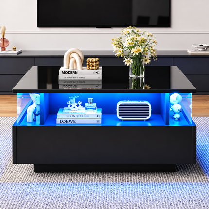 Coffee Table With Storage For Living Room, Modern LED Coffee Table, Square Tea Table With 2 Sliding Drawers Wood Center Table Acrylic Glass Coffee Table