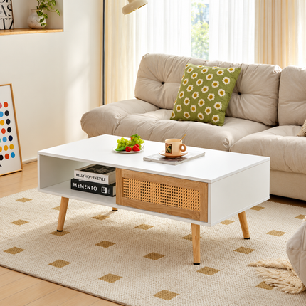 Modern Rattan Coffee Table with Storage, White & Natural Wood Mid-Century Living Room Table