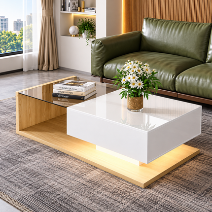 Coffee Table In High Gloss White And Wood Color Combination. Side Tables, Coffee Tables With Glass And LED