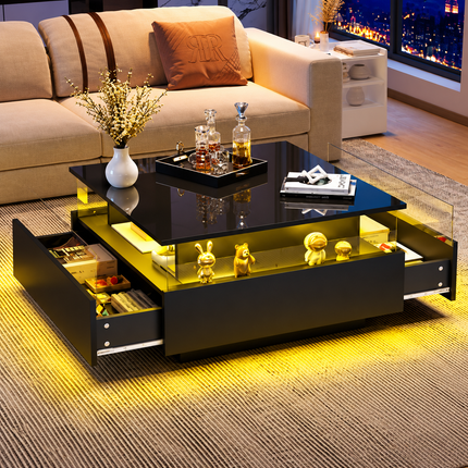 Coffee Table With Storage For Living Room, Modern LED Coffee Table, Square Tea Table With 2 Sliding Drawers Wood Center Table Acrylic Glass Coffee Table