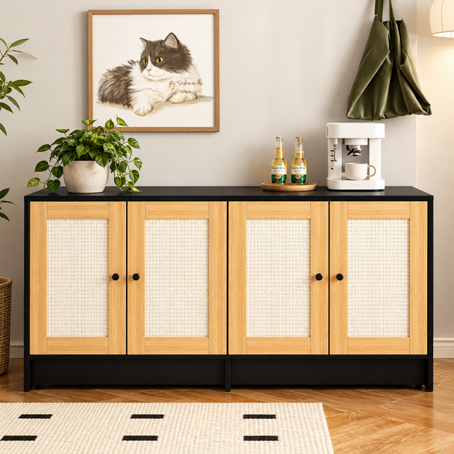 Double Litter Box Enclosure,Cat Litter Box Enclosure For 2 Cats, Hidden Litter Box Furniture With Rattan Doors, 47 L X 19.8 W X 21.8  H,Black