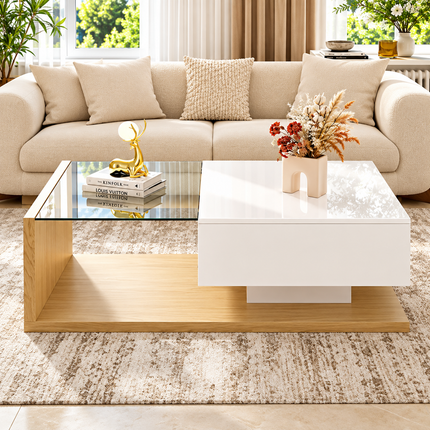 Coffee Table In High Gloss White And Wood Color Combination. Side Tables, Coffee Tables With Glass And LED