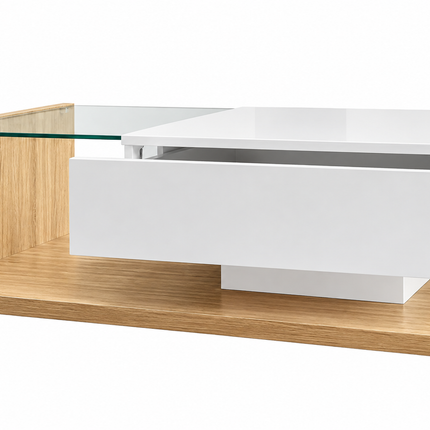 Coffee Table In High Gloss White And Wood Color Combination. Side Tables, Coffee Tables With Glass And LED