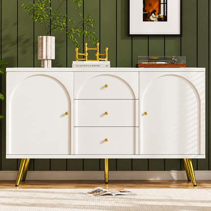 Sideboard Cabinet For Living Room, Chest Of Drawers With 2 Doors And 3 Drawers, Adjustable Shelf, Cream White, 40D X 140W X 84H CM
