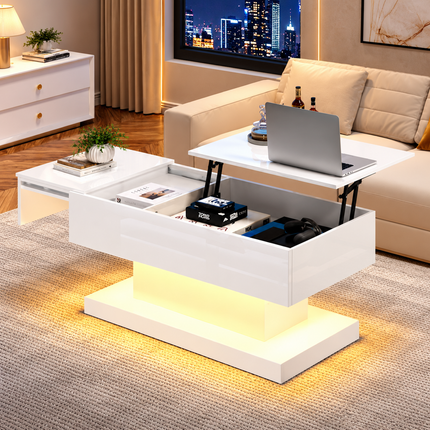 High Gloss Lift Up Top Coffee Table With Storage, Extendable Desktop Dinning Table 100 X 50 X 45 Cm, Height Adjustable Tabletop, Retractable Desk
