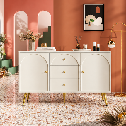 Sideboard Cabinet For Living Room, Chest Of Drawers With 2 Doors And 3 Drawers, Adjustable Shelf, Cream White, 40D X 140W X 84H CM