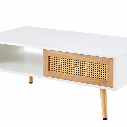 Modern Rattan Coffee Table with Storage, White & Natural Wood Mid-Century Living Room Table