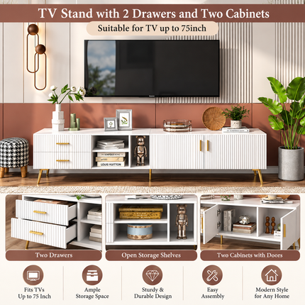 White TV Stand For 75-inch Televisions, Lowboards, TV Boards, TV Cabinet, Entertainment Center, TV Console Table, Modern Entertainment Center, Media Console White