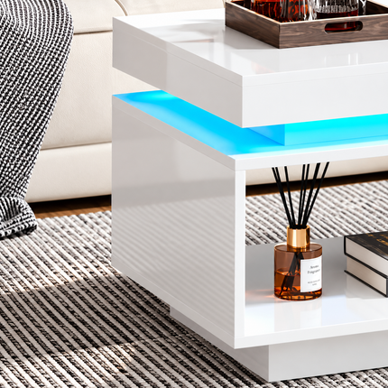 High Glossy LED Coffee Table With Drawer Storage, Wooden Centre Table With RGB Led Lights Rectangle Tea Table For Living Room Furniture, White Coffee Table With Open Display Shelf