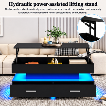 Hydraulic Lift Top Coffee Table, LED Coffee Tables With Storage For Living Room, Coffee Table With 2 Drawers & LED Light For Dining Reception Room, Black