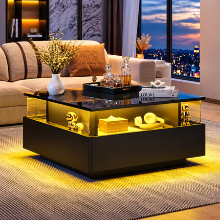 Coffee Table With Storage For Living Room, Modern LED Coffee Table, Square Tea Table With 2 Sliding Drawers Wood Center Table Acrylic Glass Coffee Table