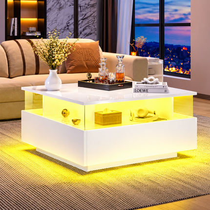 Coffee Table With Storage For Living Room, Modern LED Coffee Table, Square Tea Table With 2 Sliding Drawers Wood Center Table Acrylic Glass Coffee Table