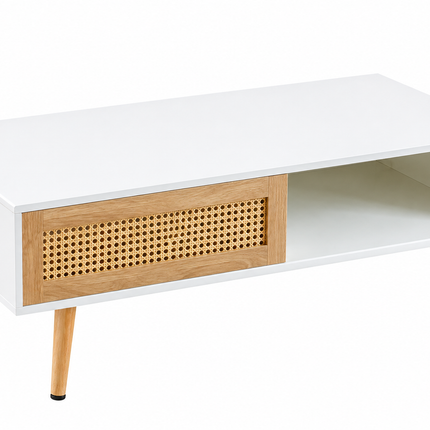 Modern Rattan Coffee Table with Storage, White & Natural Wood Mid-Century Living Room Table