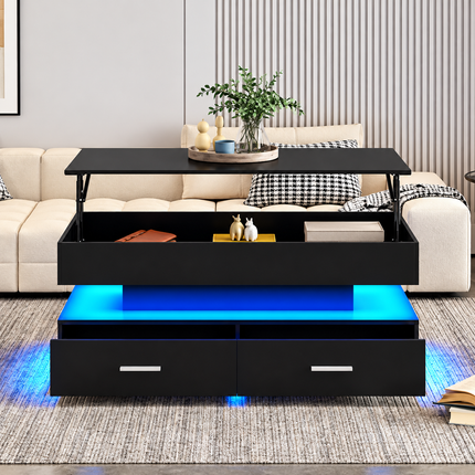 Hydraulic Lift Top Coffee Table, LED Coffee Tables With Storage For Living Room, Coffee Table With 2 Drawers & LED Light For Dining Reception Room, Black