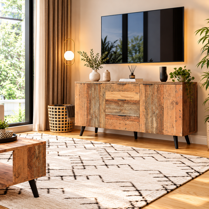 Sideboard Storage Cupboard Kitchen Buffet Sideboard TV Cabinet With Adjustable Shelves Dresser Vertical Cabinet Three Drawers For Living Room Dining Room Bedroom Vintage Brown 140cm