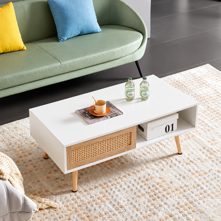 Modern Rattan Coffee Table with Storage, White & Natural Wood Mid-Century Living Room Table