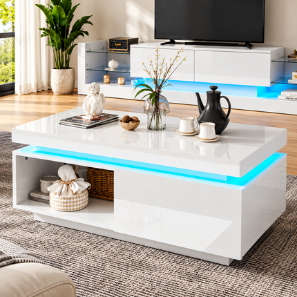 High Glossy LED Coffee Table With Drawer Storage, Wooden Centre Table With RGB Led Lights Rectangle Tea Table For Living Room Furniture, White Coffee Table With Open Display Shelf