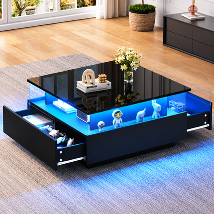 Coffee Table With Storage For Living Room, Modern LED Coffee Table, Square Tea Table With 2 Sliding Drawers Wood Center Table Acrylic Glass Coffee Table