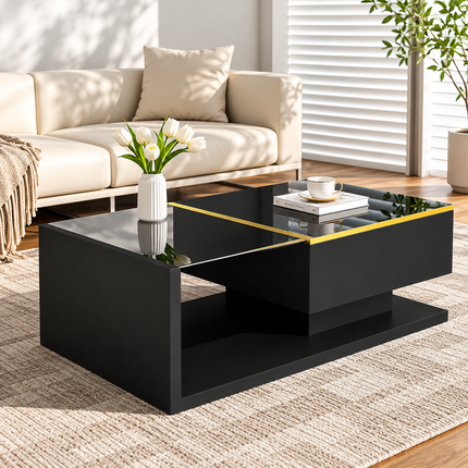 90 Cm Long Coffee Table, High-Gloss black. Side Tables, Coffee Tables With Glass And LED Effect