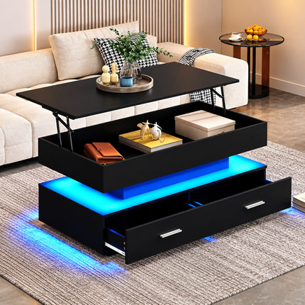 Hydraulic Lift Top Coffee Table, LED Coffee Tables With Storage For Living Room, Coffee Table With 2 Drawers & LED Light For Dining Reception Room, Black