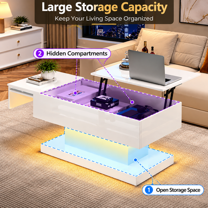 High Gloss Lift Up Top Coffee Table With Storage, Extendable Desktop Dinning Table 100 X 50 X 45 Cm, Height Adjustable Tabletop, Retractable Desk