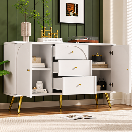 Sideboard Cabinet For Living Room, Chest Of Drawers With 2 Doors And 3 Drawers, Adjustable Shelf, Cream White, 40D X 140W X 84H CM