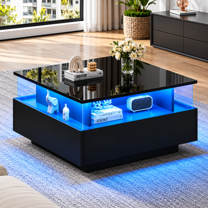 Coffee Table With Storage For Living Room, Modern LED Coffee Table, Square Tea Table With 2 Sliding Drawers Wood Center Table Acrylic Glass Coffee Table