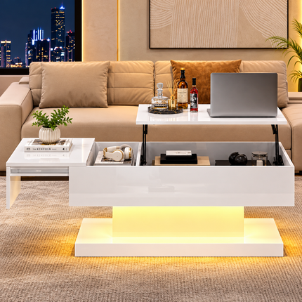 High Gloss Lift Up Top Coffee Table With Storage, Extendable Desktop Dinning Table 100 X 50 X 45 Cm, Height Adjustable Tabletop, Retractable Desk