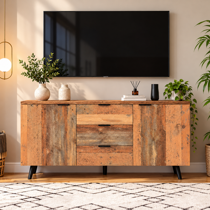 Sideboard Storage Cupboard Kitchen Buffet Sideboard TV Cabinet With Adjustable Shelves Dresser Vertical Cabinet Three Drawers For Living Room Dining Room Bedroom Vintage Brown 140cm