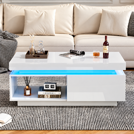 High Glossy LED Coffee Table With Drawer Storage, Wooden Centre Table With RGB Led Lights Rectangle Tea Table For Living Room Furniture, White Coffee Table With Open Display Shelf