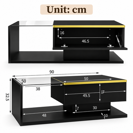 90 Cm Long Coffee Table, High-Gloss black. Side Tables, Coffee Tables With Glass And LED Effect