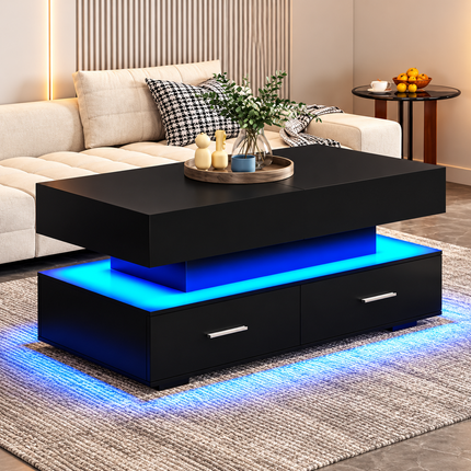 Hydraulic Lift Top Coffee Table, LED Coffee Tables With Storage For Living Room, Coffee Table With 2 Drawers & LED Light For Dining Reception Room, Black