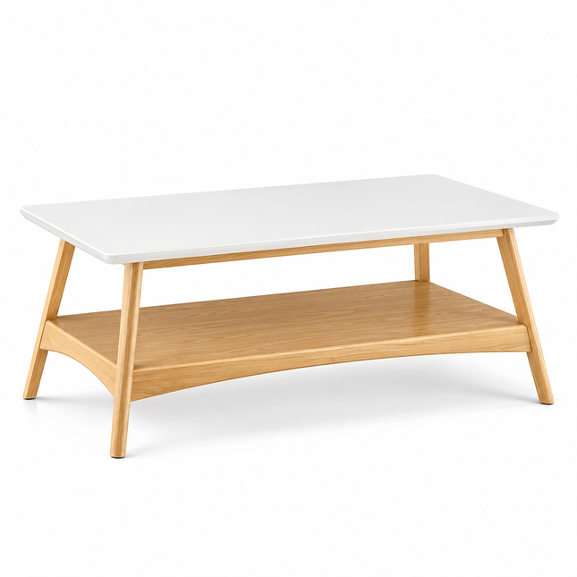 Modern Mid-Century Coffee Table with Storage Shelf, White & Natural Wood Living Room Center Table