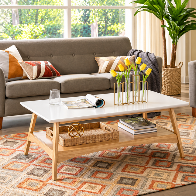 Modern Mid-Century Coffee Table with Storage Shelf, White & Natural Wood Living Room Center Table