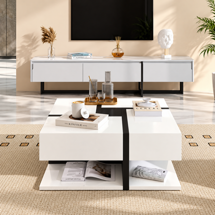 Coffee Table, Table With 4 Drawers, Unique Color Matching And Line Design, Storage Space At The Bottom. 78x78x36cm