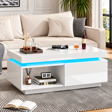 High Glossy LED Coffee Table With Drawer Storage, Wooden Centre Table With RGB Led Lights Rectangle Tea Table For Living Room Furniture, White Coffee Table With Open Display Shelf
