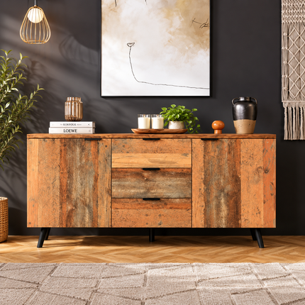 Sideboard Storage Cupboard Kitchen Buffet Sideboard TV Cabinet With Adjustable Shelves Dresser Vertical Cabinet Three Drawers For Living Room Dining Room Bedroom Vintage Brown 140cm