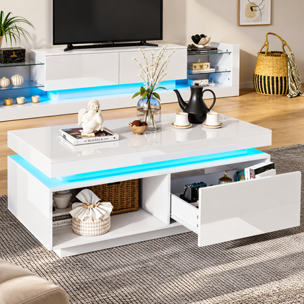 High Glossy LED Coffee Table With Drawer Storage, Wooden Centre Table With RGB Led Lights Rectangle Tea Table For Living Room Furniture, White Coffee Table With Open Display Shelf